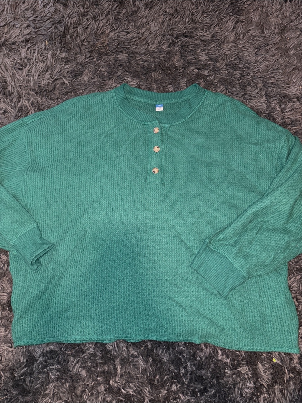 Women’s Green Waffle Henley Sweater - Classic Crew with Button Placket